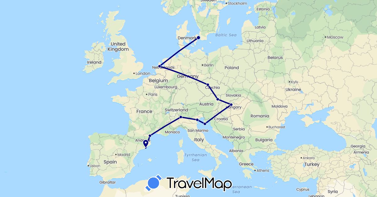 TravelMap itinerary: driving in Austria, Czech Republic, Denmark, Spain, France, Croatia, Hungary, Italy, Netherlands (Europe)